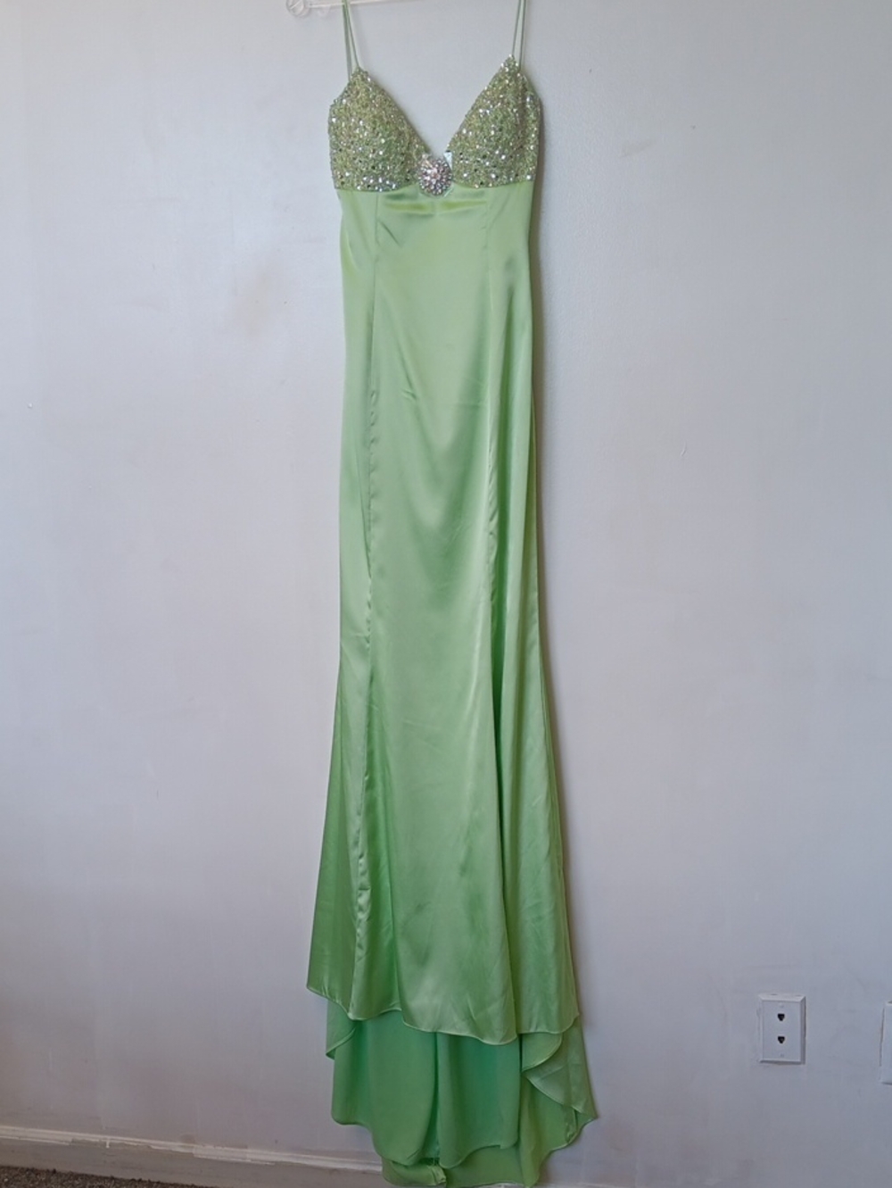 Light Green Beaded Spaghetti-Strap High-Low Evening Dress